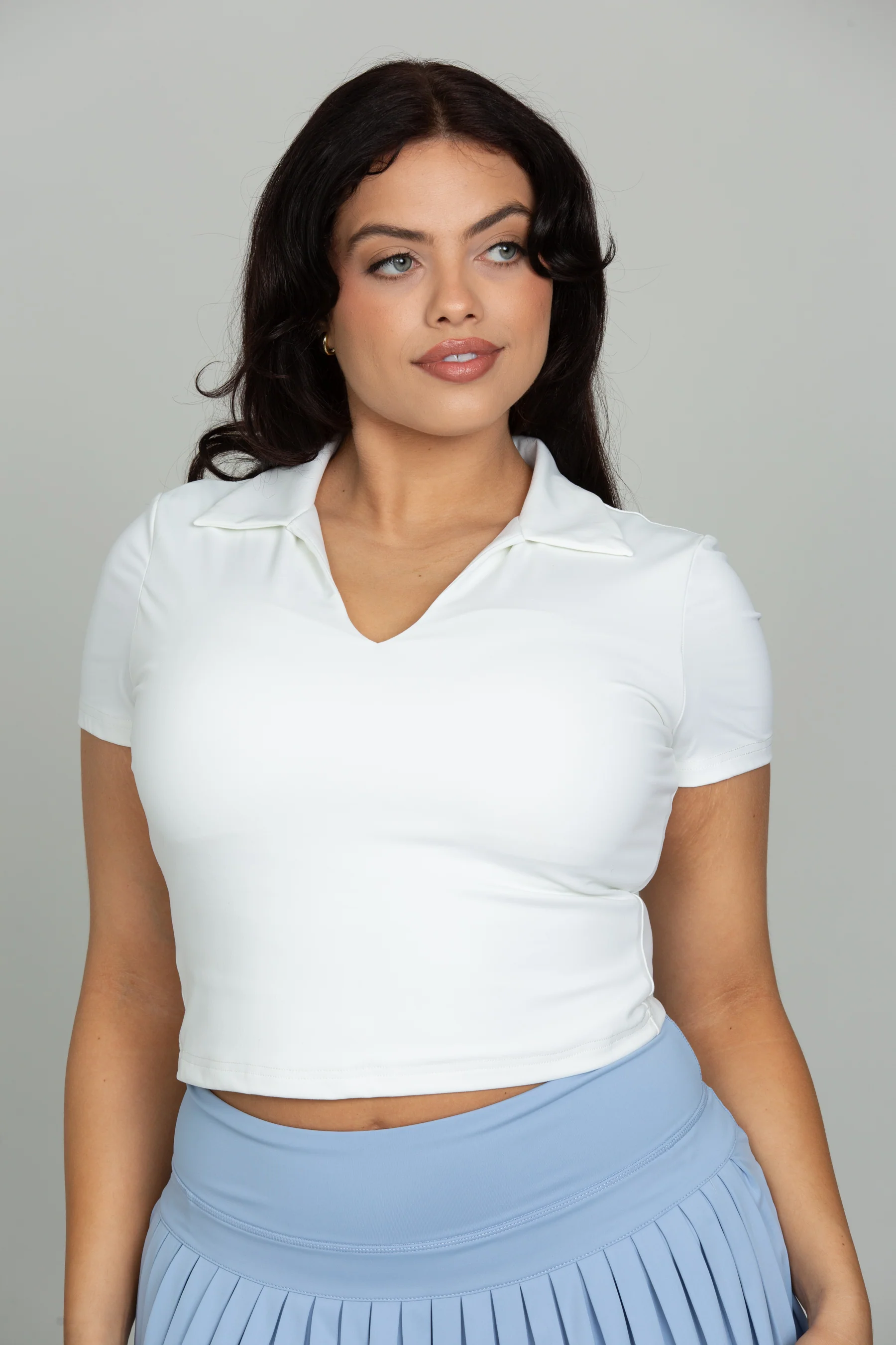 White Preppy V-Neck Polo Top - Image 7
